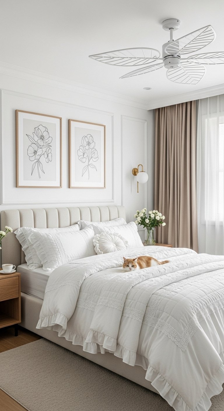 Chambre toute blanche avec literie à volants et un chat roux