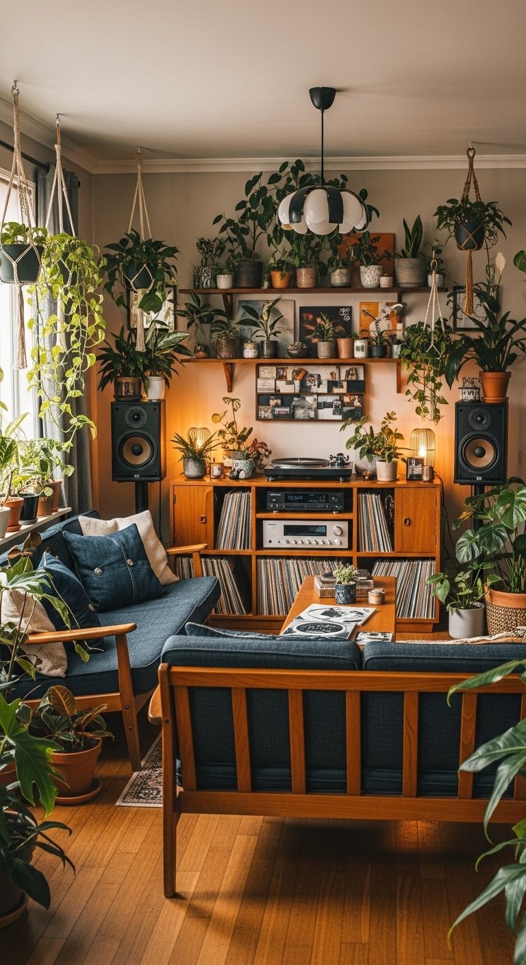 Coin d écoute de vinyles dans un salon rempli de plantes et de meubles vintage