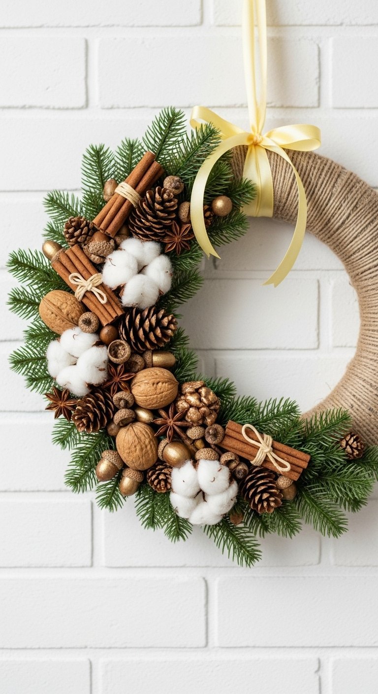 Couronne de Noël en corde de jute décorée de coton et de noix