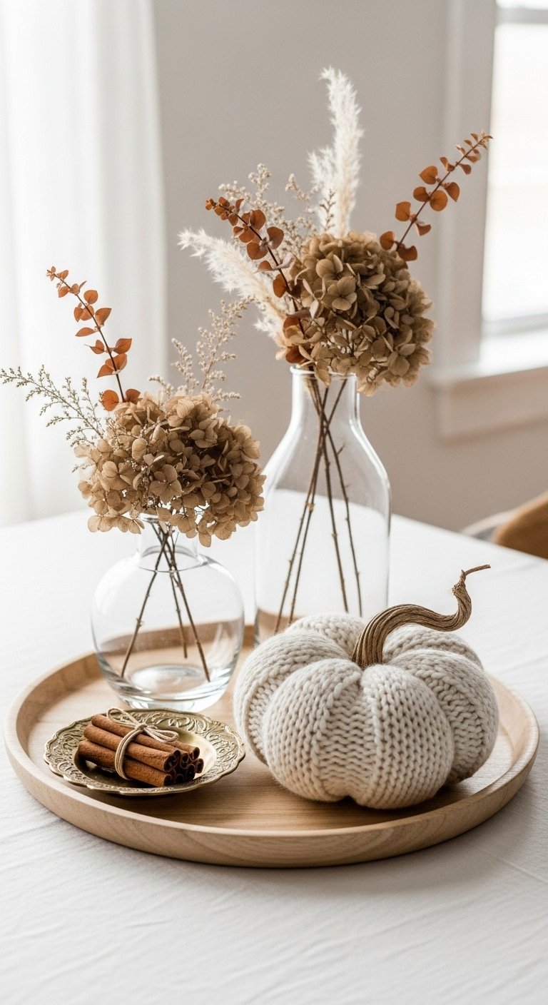 Décoration de table minimaliste avec une citrouille en tricot et des fleurs séchées