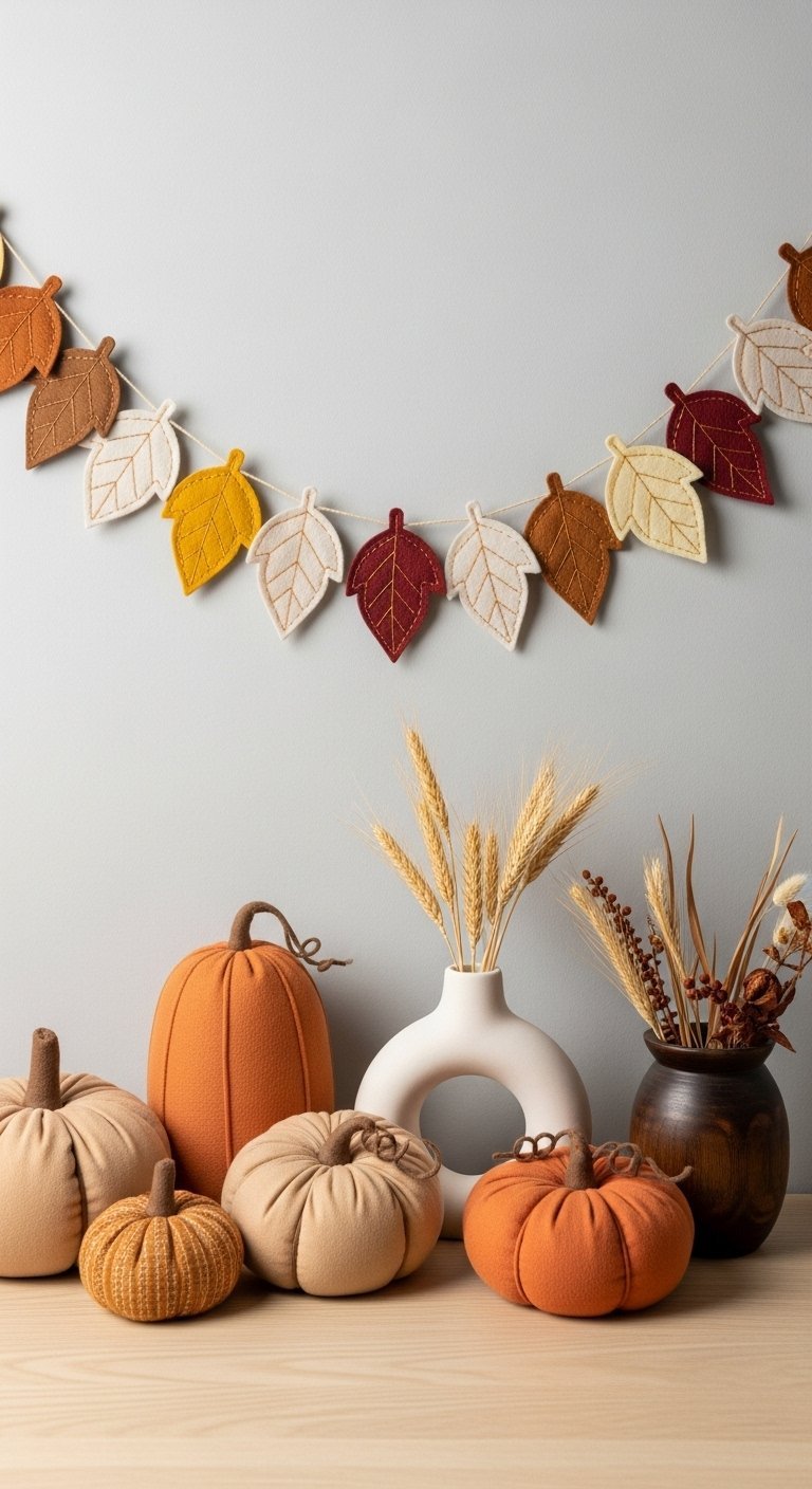 Guirlande de feuilles en feutrine suspendue au dessus de citrouilles en tissu