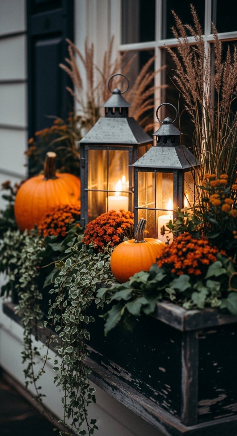 Jardinière de fenêtre avec lanternes citrouilles et chrysanthèmes