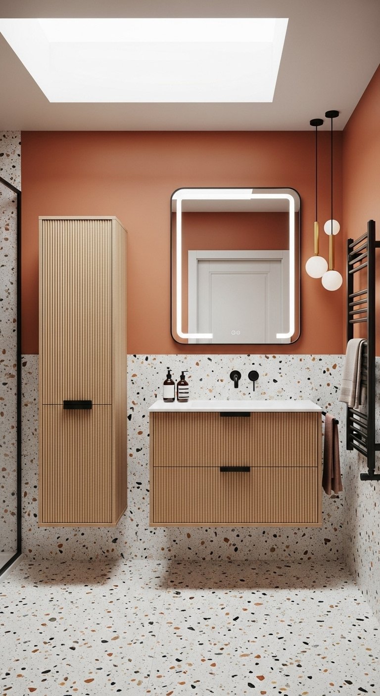 Meubles suspendus en bois cannelé devant un mur terracotta