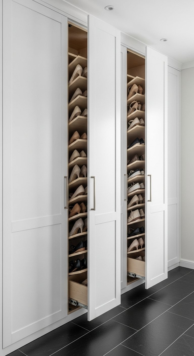 Placards blancs avec rangements a chaussures coulissants verticaux