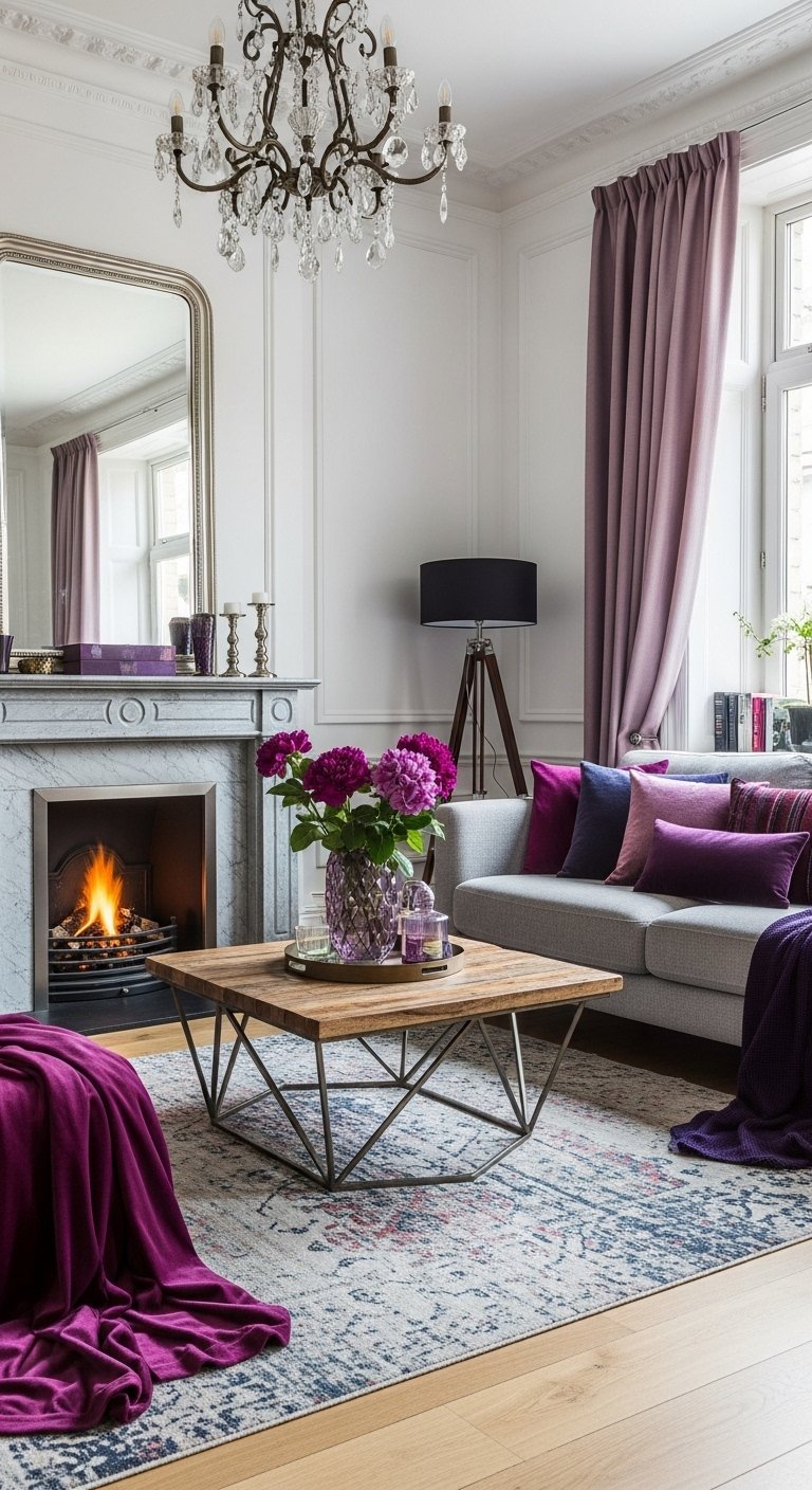 Salon élégant avec des touches de couleur violette et lustre en cristal