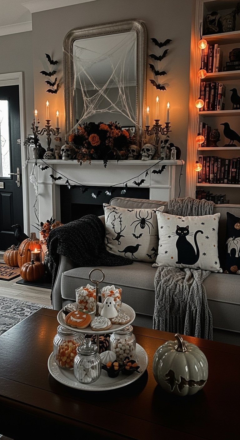Salon elegant decore pour Halloween avec des coussins thematiques et des friandises