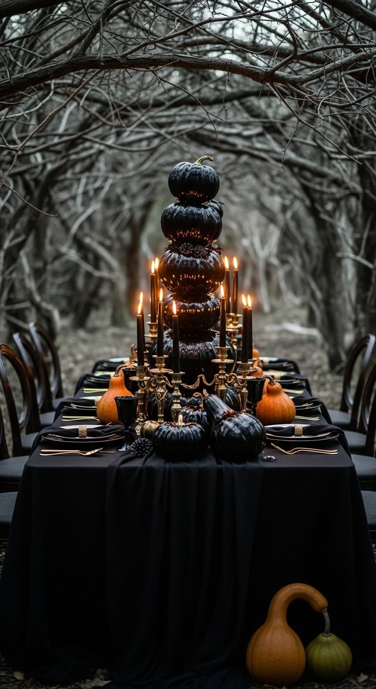 Table dressee dans les bois avec une tour de citrouilles noires