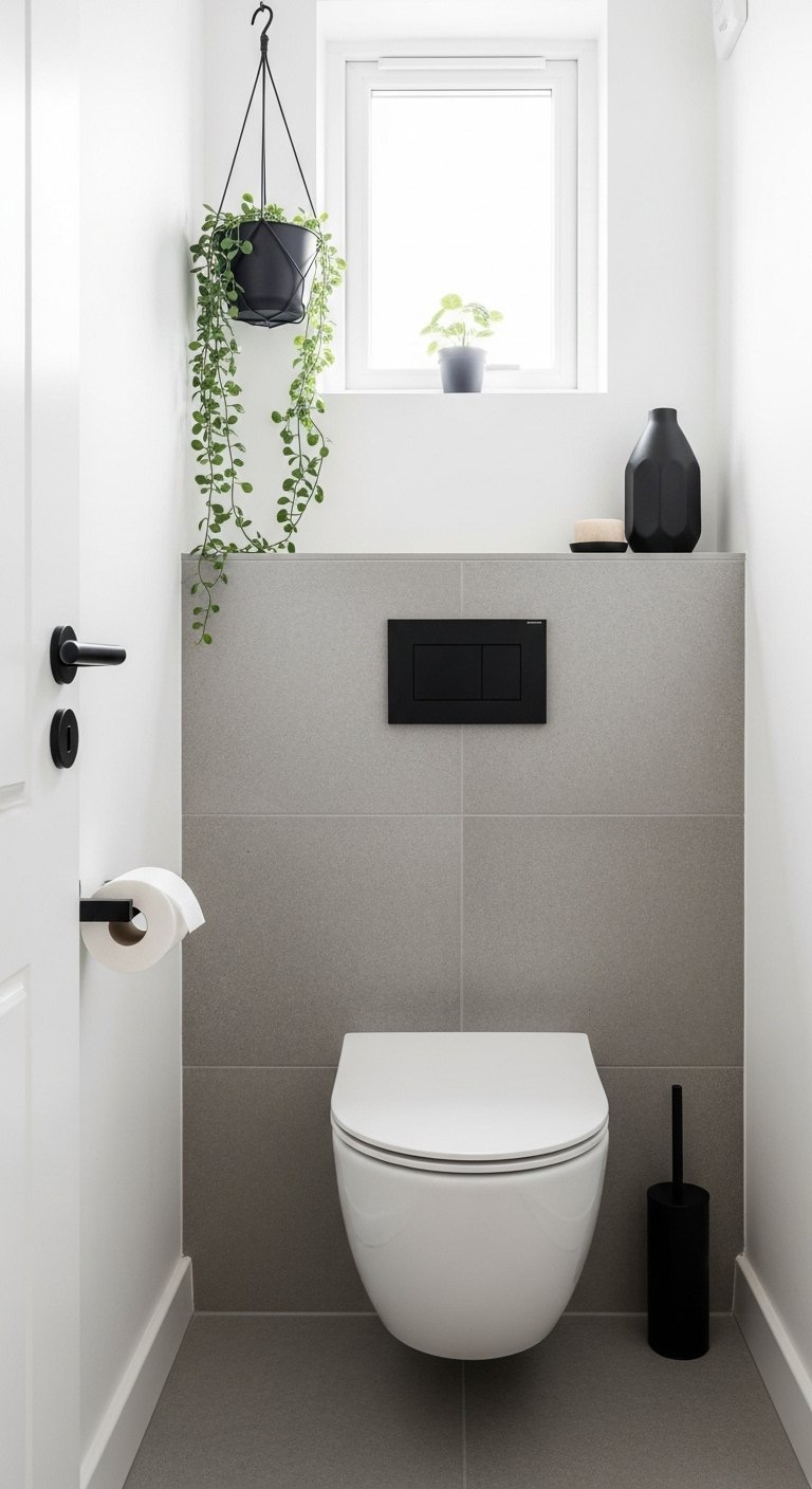 Toilettes suspendues avec tablette de rangement grise et plante