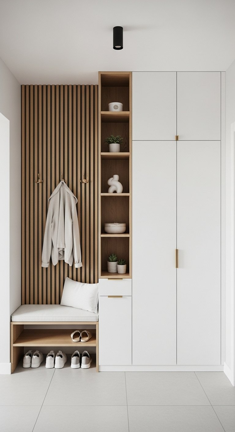 Unite de rangement verticale blanche et bois avec etageres et banc