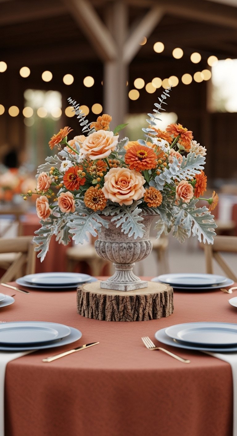 Urne en pierre sur un rondin de bois avec un bouquet de fleurs orange