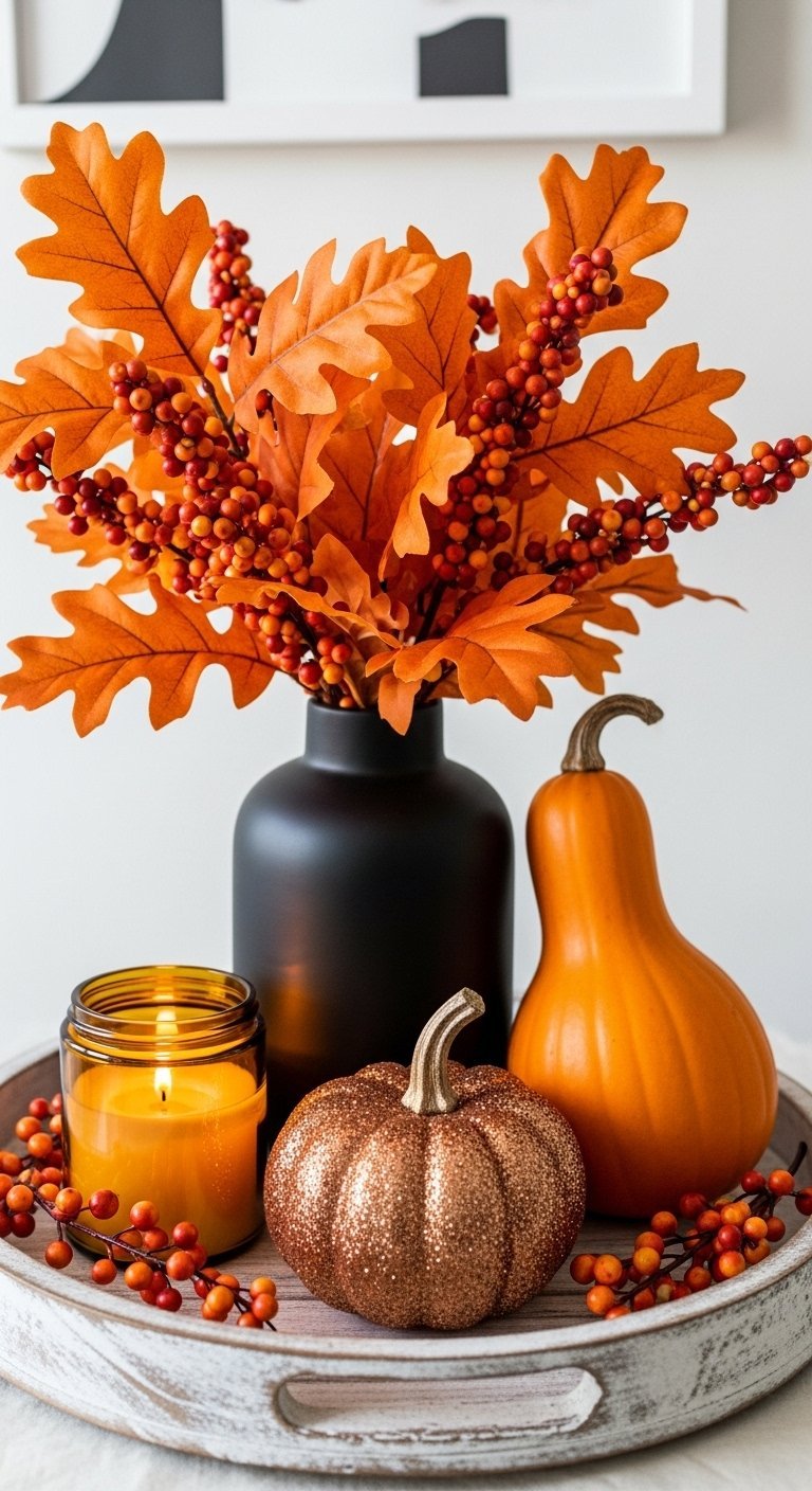 Vase noir mat avec des feuilles orange et une citrouille pailletée sur un plateau
