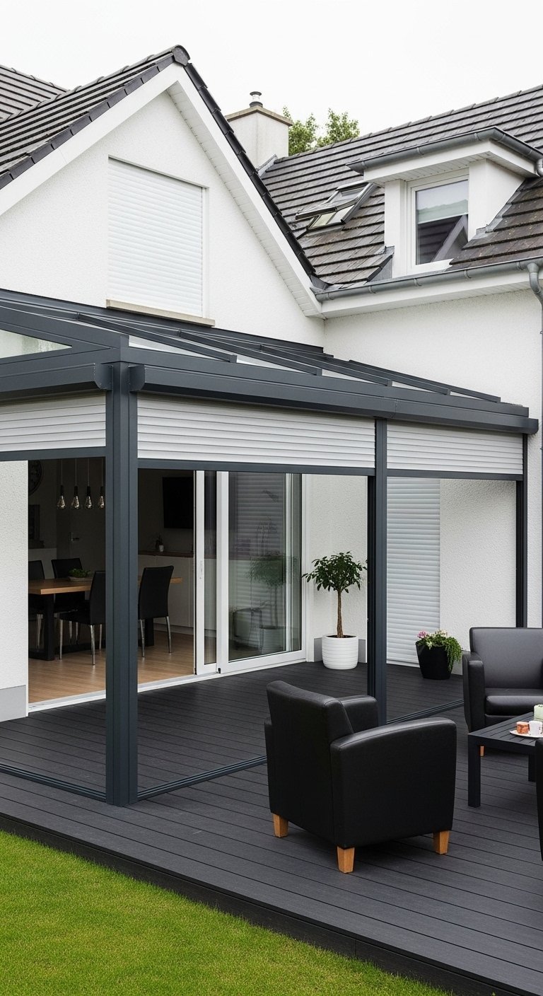 Véranda moderne sur une terrasse noire avec des stores enrouleurs