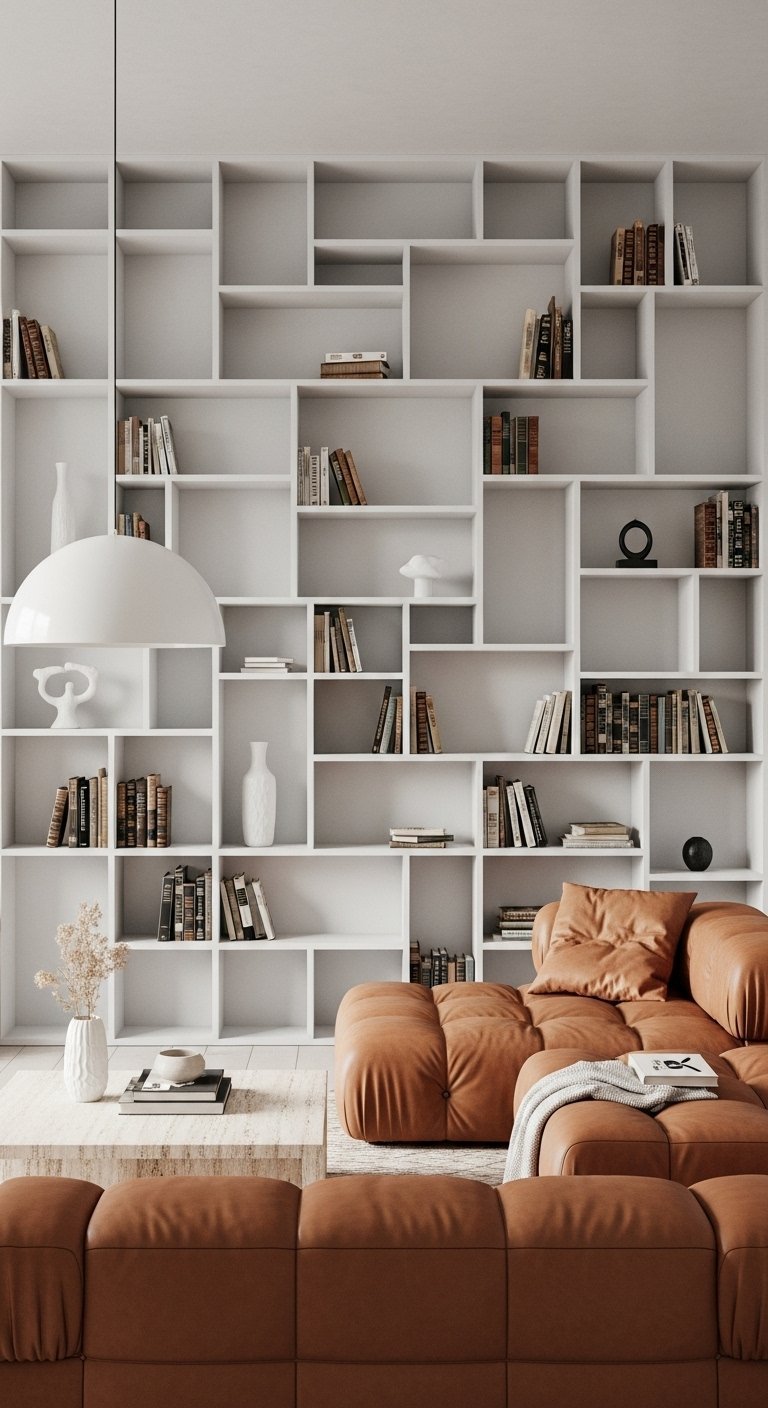 Bibliotheque murale geometrique blanche avec canape en cuir camel