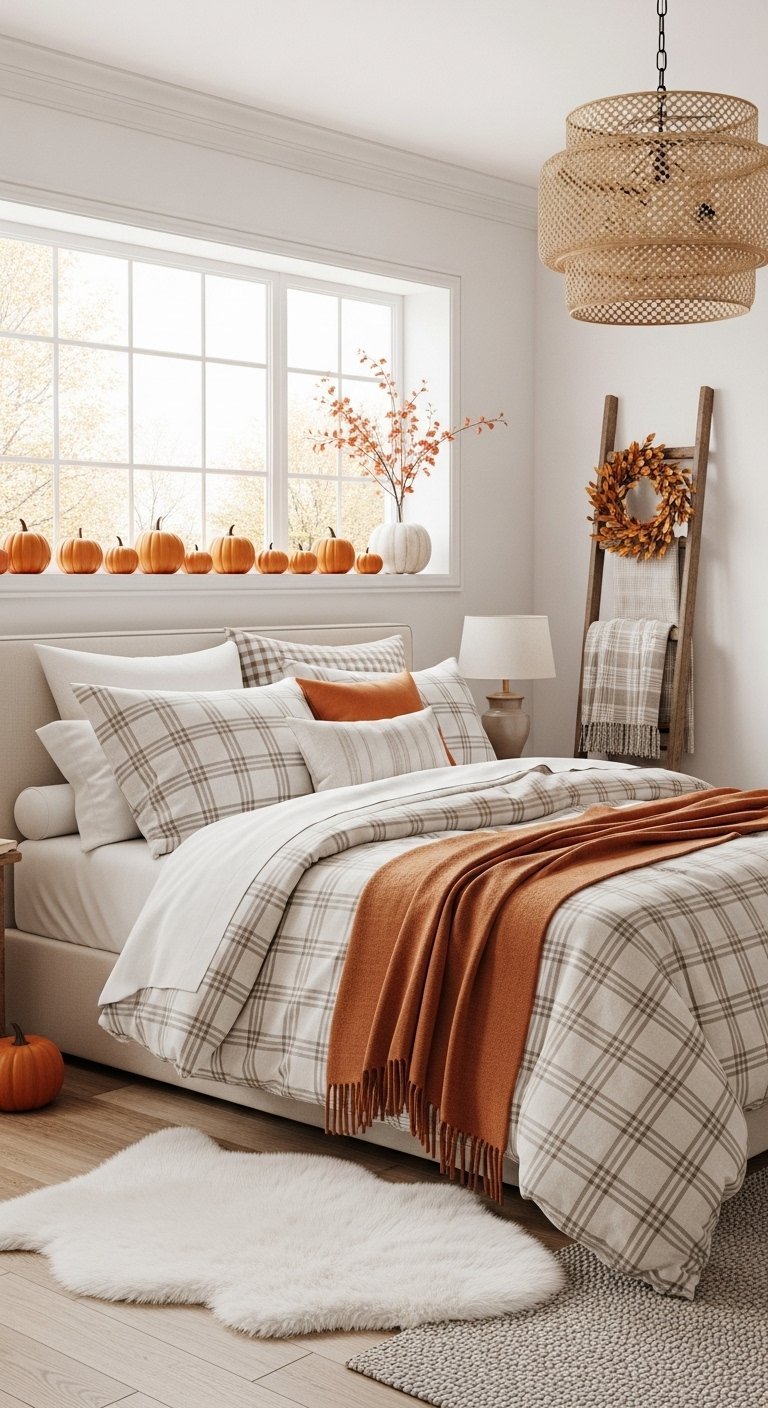 Chambre à coucher avec du linge de lit à carreaux et des touches de couleur orange