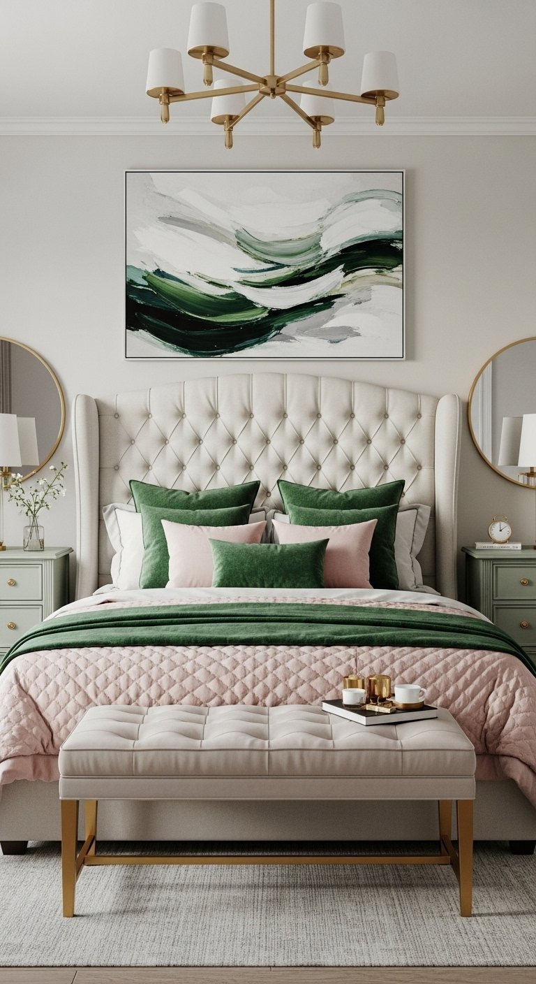 Chambre chic avec touches de vert émeraude rose et laiton