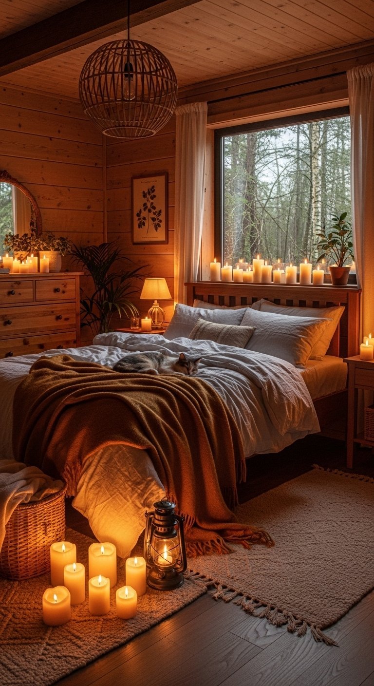 Chambre rustique en bois illuminée par des dizaines de bougies