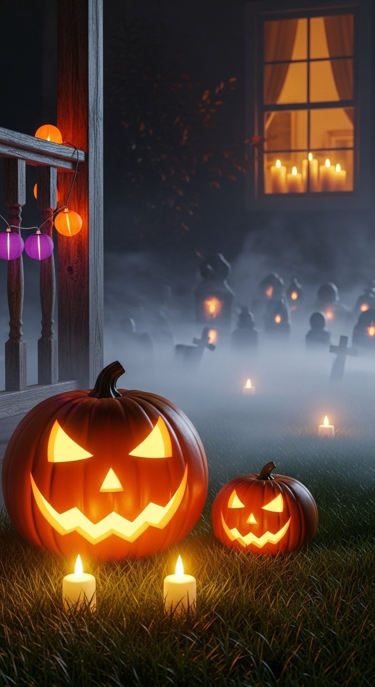 Citrouilles illuminées dans un jardin brumeux avec des pierres tombales à l arrière