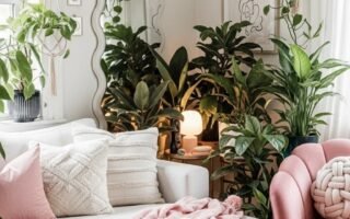 Coin salon bohème avec un fauteuil rose et de nombreuses plantes d intérieur