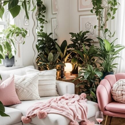 Coin salon bohème avec un fauteuil rose et de nombreuses plantes d intérieur