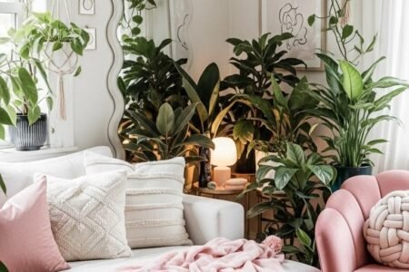Coin salon bohème avec un fauteuil rose et de nombreuses plantes d intérieur