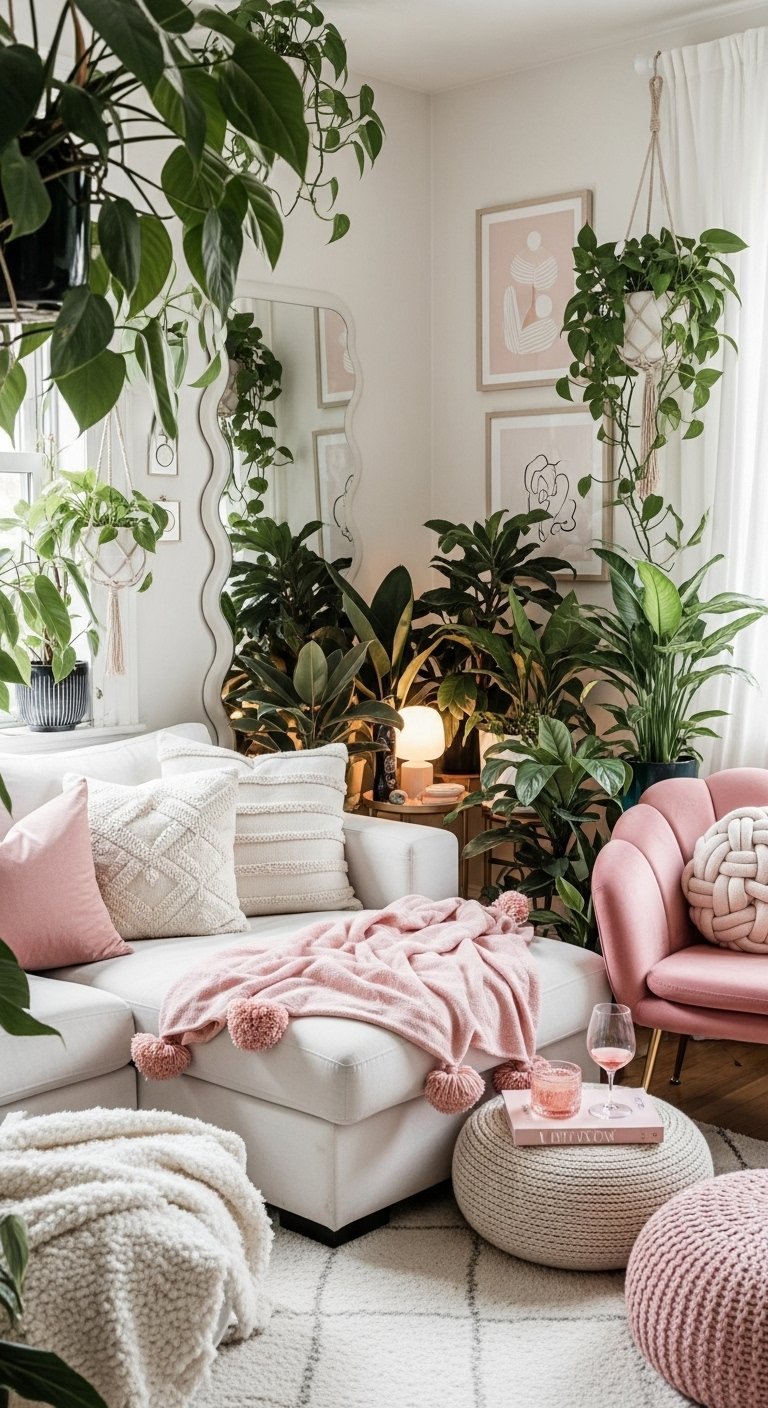 Coin salon bohème avec un fauteuil rose et de nombreuses plantes d intérieur