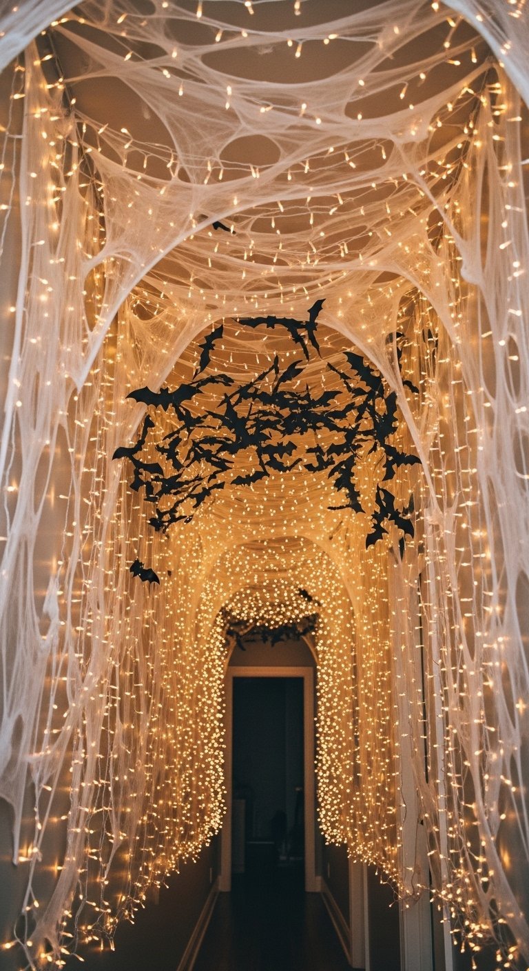 Couloir decore comme un tunnel de toiles d araignee avec des guirlandes lumineuses