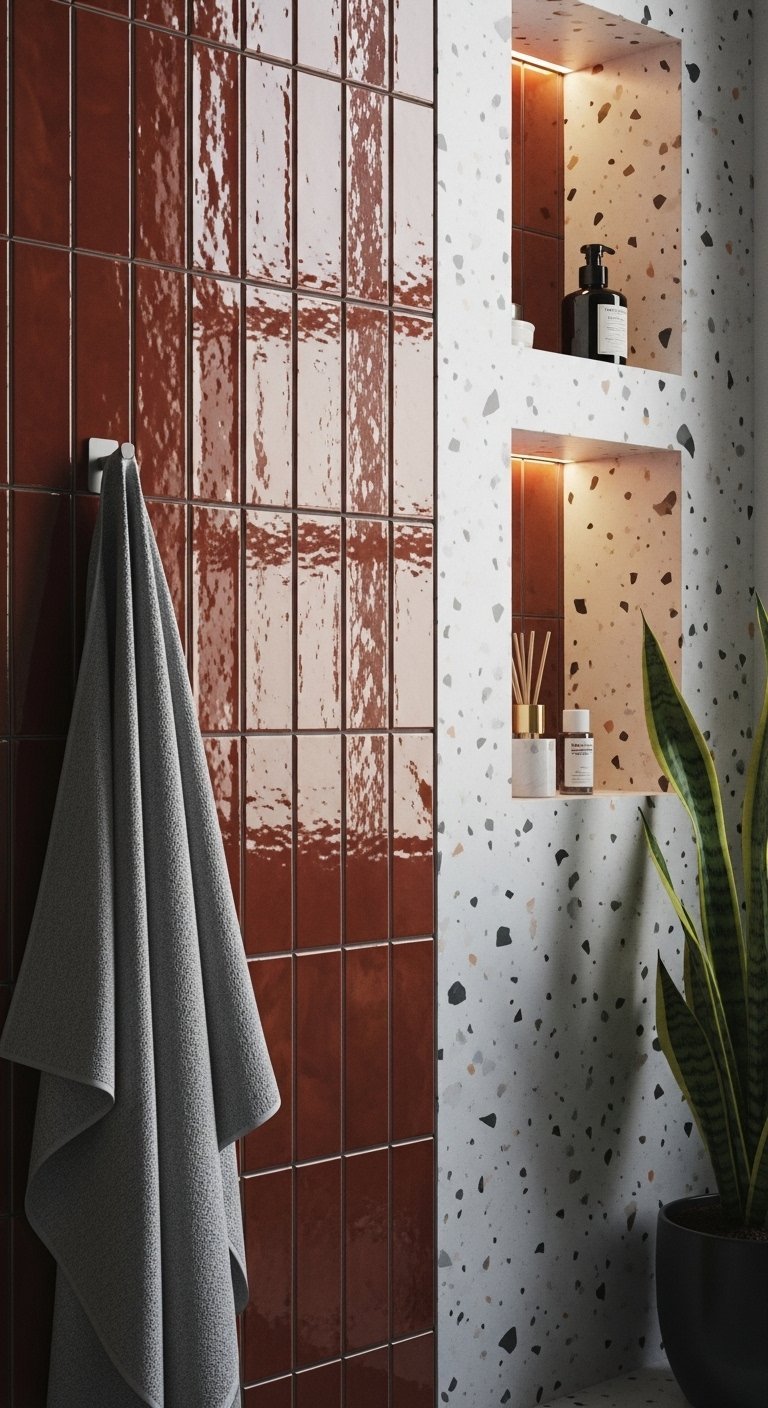Détail de carrelage zellige terracotta à côté de niches en terrazzo