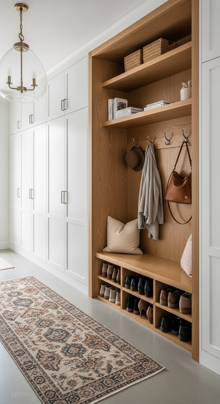 Grand meuble d entree ouvert en bois clair avec long banc et rangement a chaussures