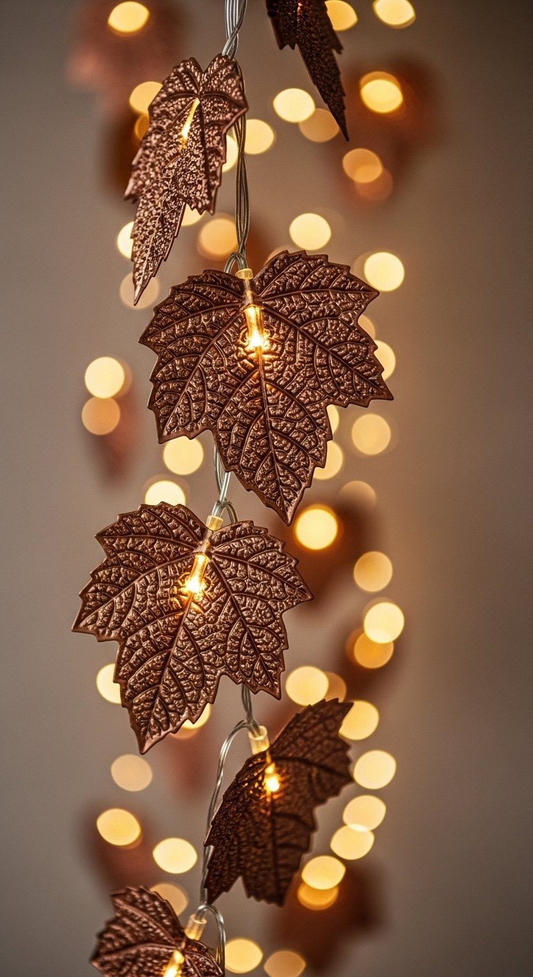 Gros plan sur une guirlande lumineuse avec des feuilles en métal bronze