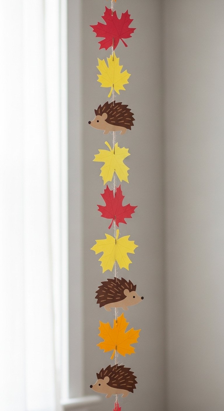 Guirlande verticale avec des hérissons et des feuilles d automne en papier