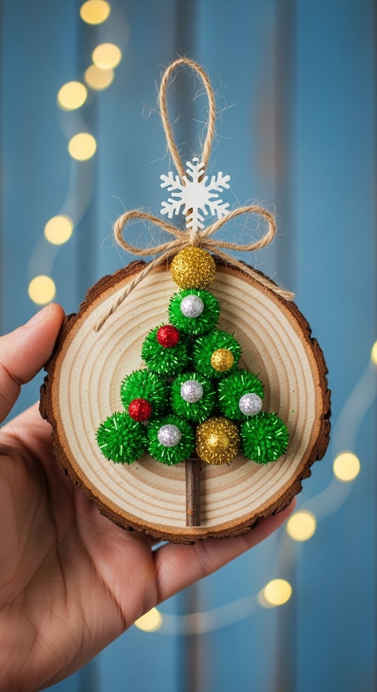 Ornement sur une tranche de bois avec un sapin fait de pompons verts