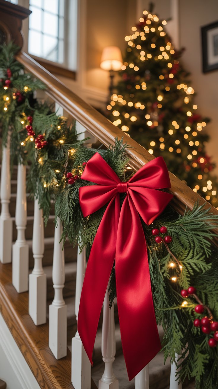 Rampe d escalier décorée d une guirlande de sapin avec un gros nœud rouge