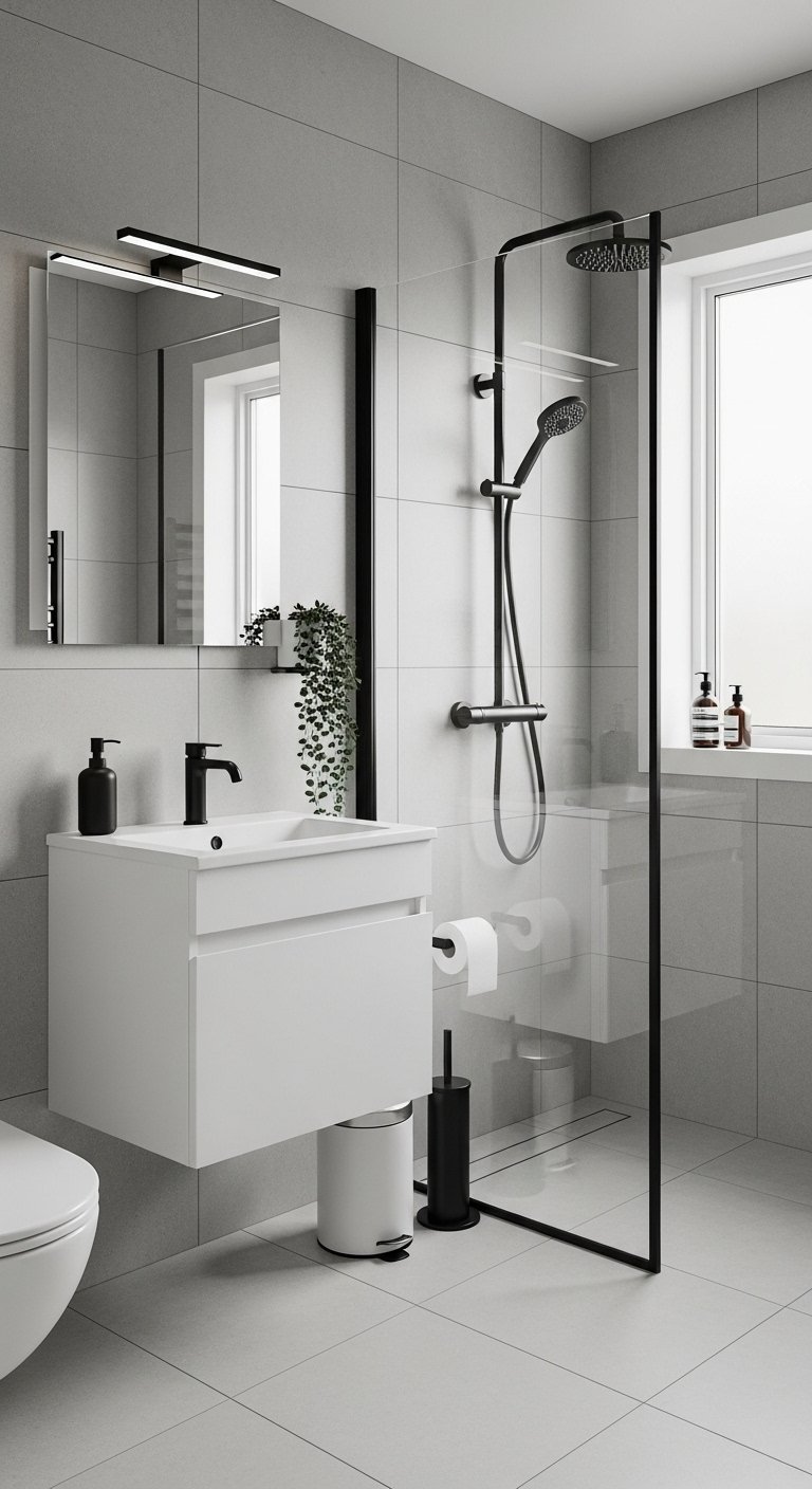 Salle de bain de style scandinave avec accessoires noirs