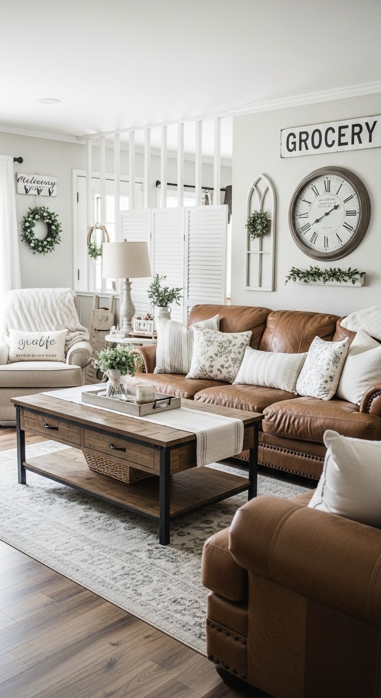 Salon de style farmhouse moderne avec canapé en cuir et grande horloge