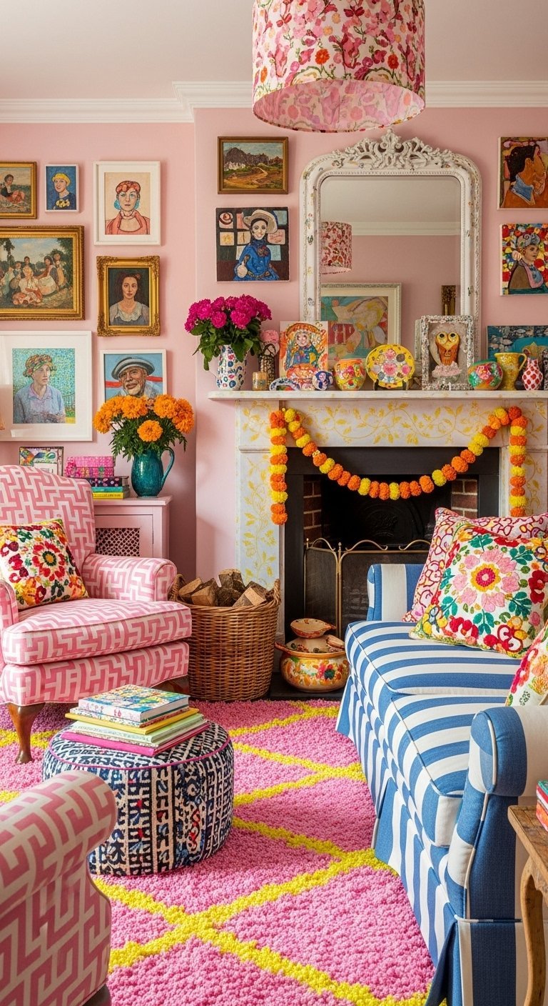 Salon maximaliste rose et bleu avec un mélange de motifs audacieux