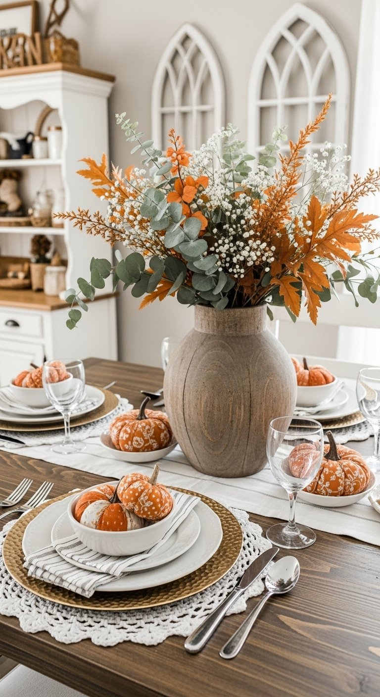 Vase en bois avec un bouquet d eucalyptus sur une table de style ferme