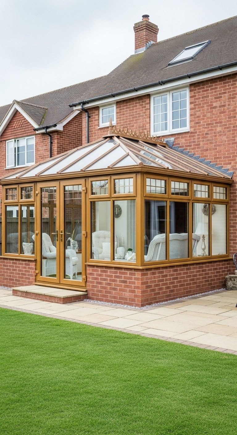 Véranda de style anglais avec une structure en bois et une base en brique