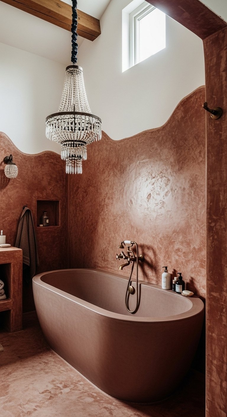 Baignoire ilot terracotta avec murs texturés et lustre en cristal
