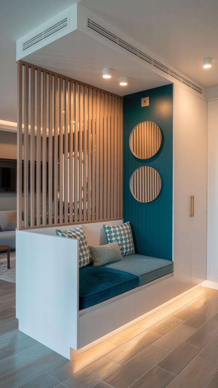 Banquette de rangement d angle bleu canard avec claustra en bois et miroirs ronds