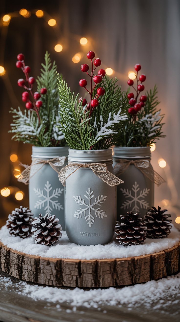 Bocaux mason gris décorés de flocons avec des branches de pin pour noel