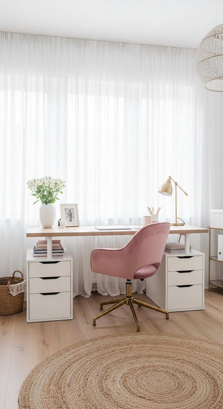 Bureau blanc simple devant une fenêtre avec chaise en velours rose