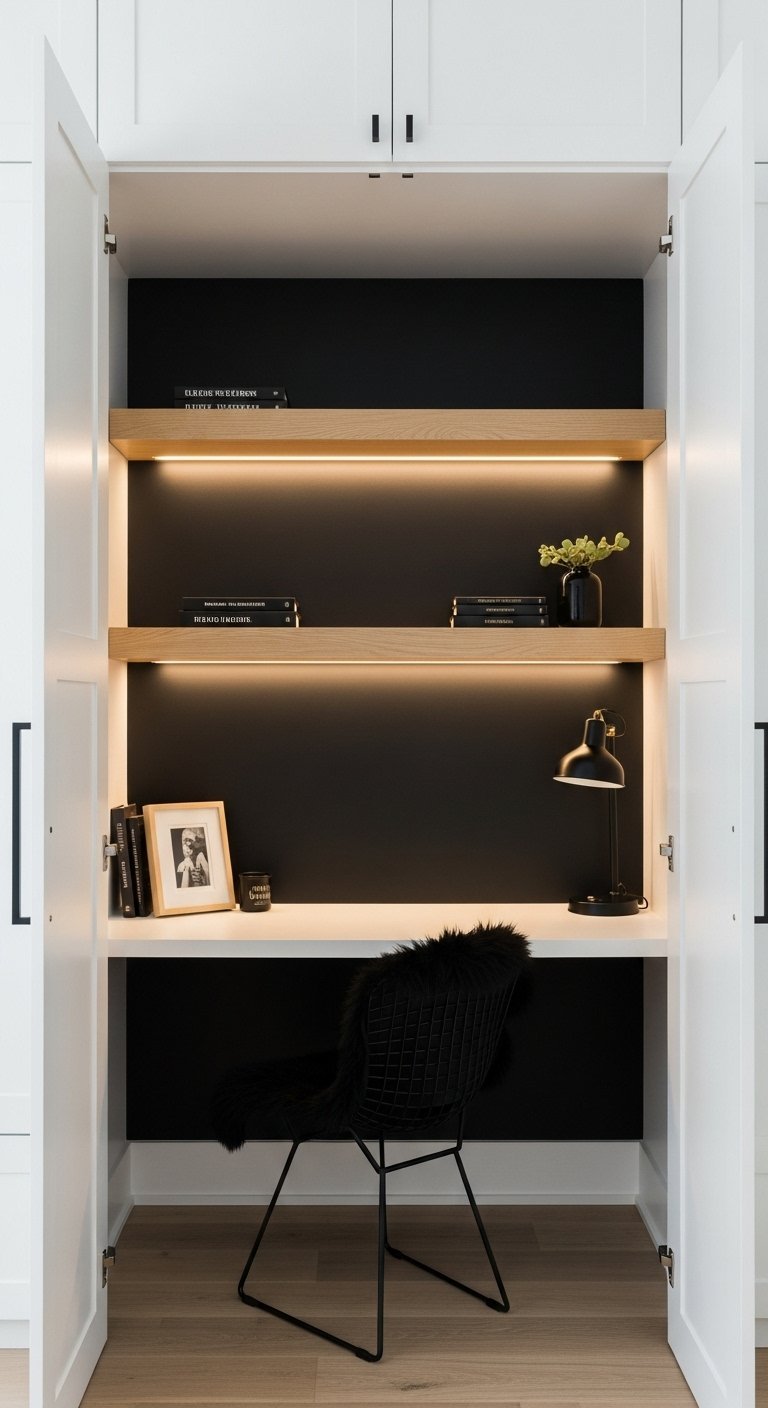 Bureau moderne dans un placard blanc avec un mur d accent noir et des étagères en bois éclairées par LED