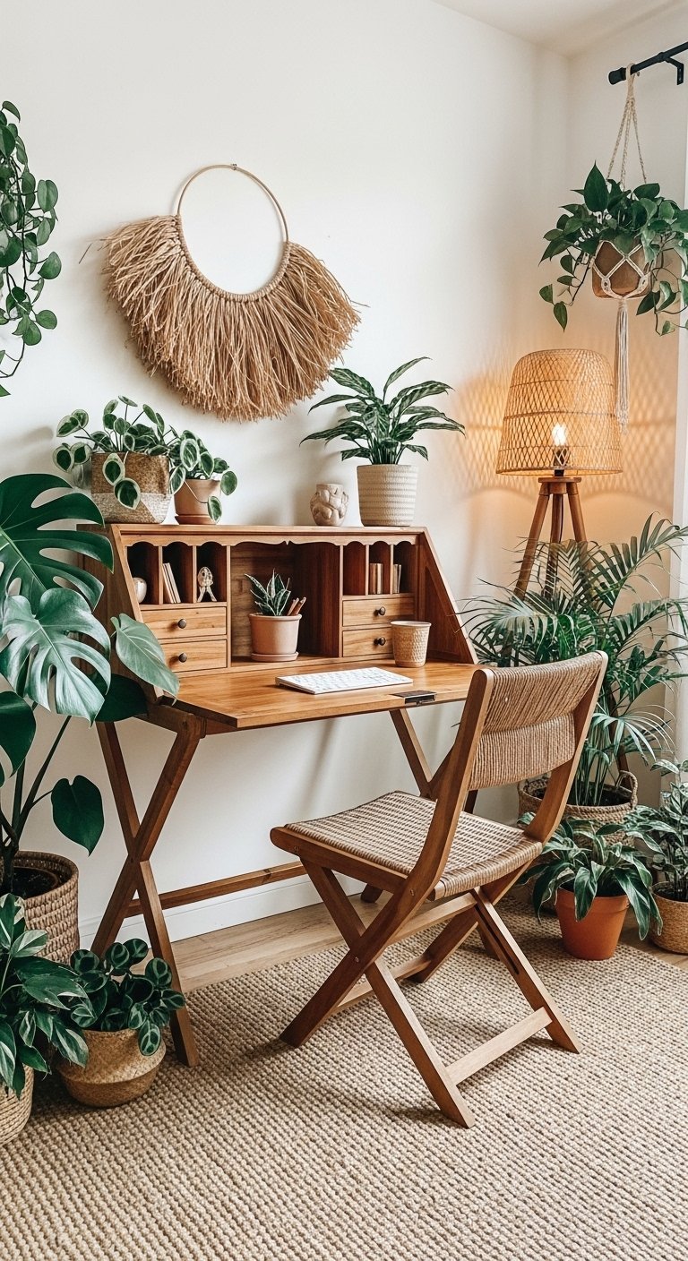 Bureau secrétaire en bois entouré de nombreuses plantes dans un style bohème