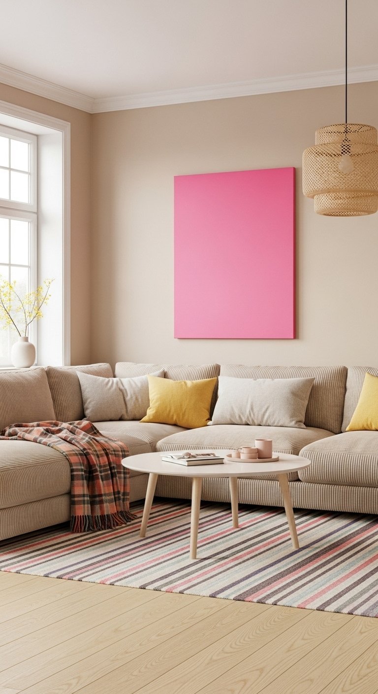 Canapé d angle en velours côtelé beige avec un tableau rose vif
