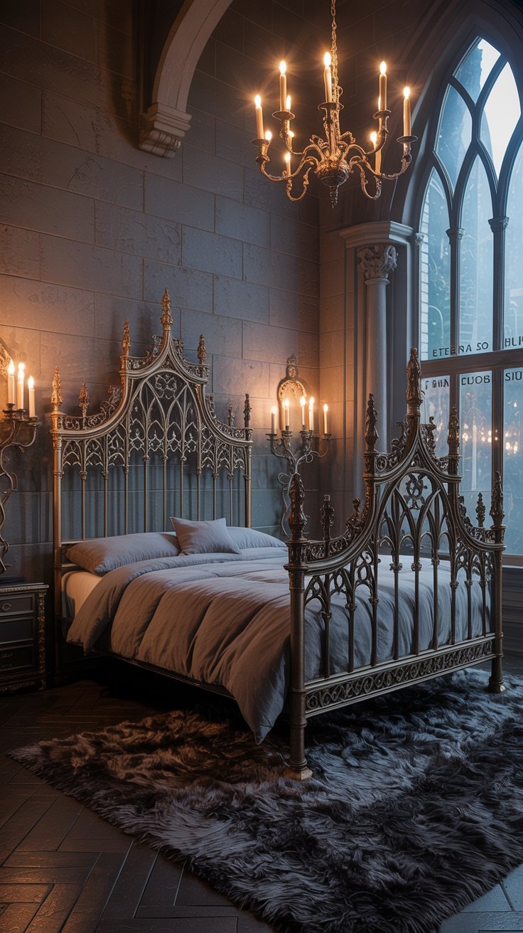 Chambre crypte gothique avec lit en métal doré et murs en pierre