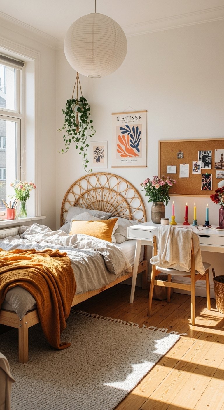 Chambre ensoleillée avec tête de lit en rotin et affiche Matisse