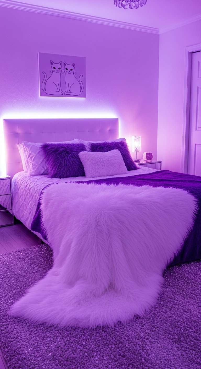 Chambre moderne avec éclairage LED violet et plaid en fourrure