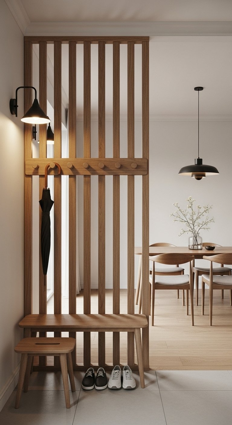 Claustra en bois avec banc et portemanteau intégré pour une entrée