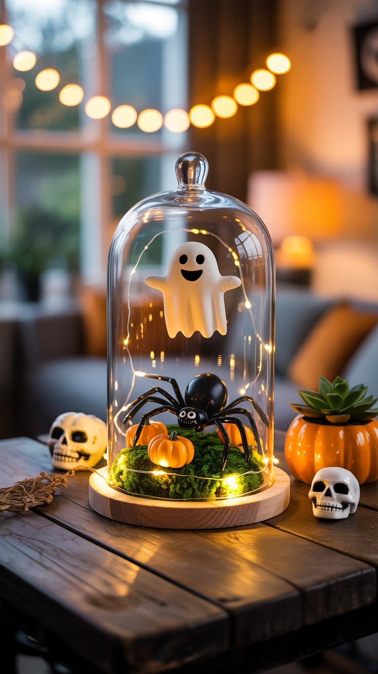 Cloche en verre avec un fantome une araignee et des lumieres LED