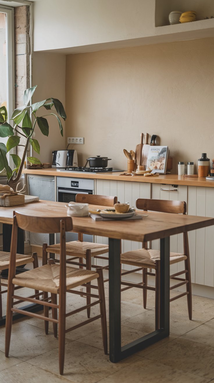 Coin repas simple avec table en bois et chaises en paille